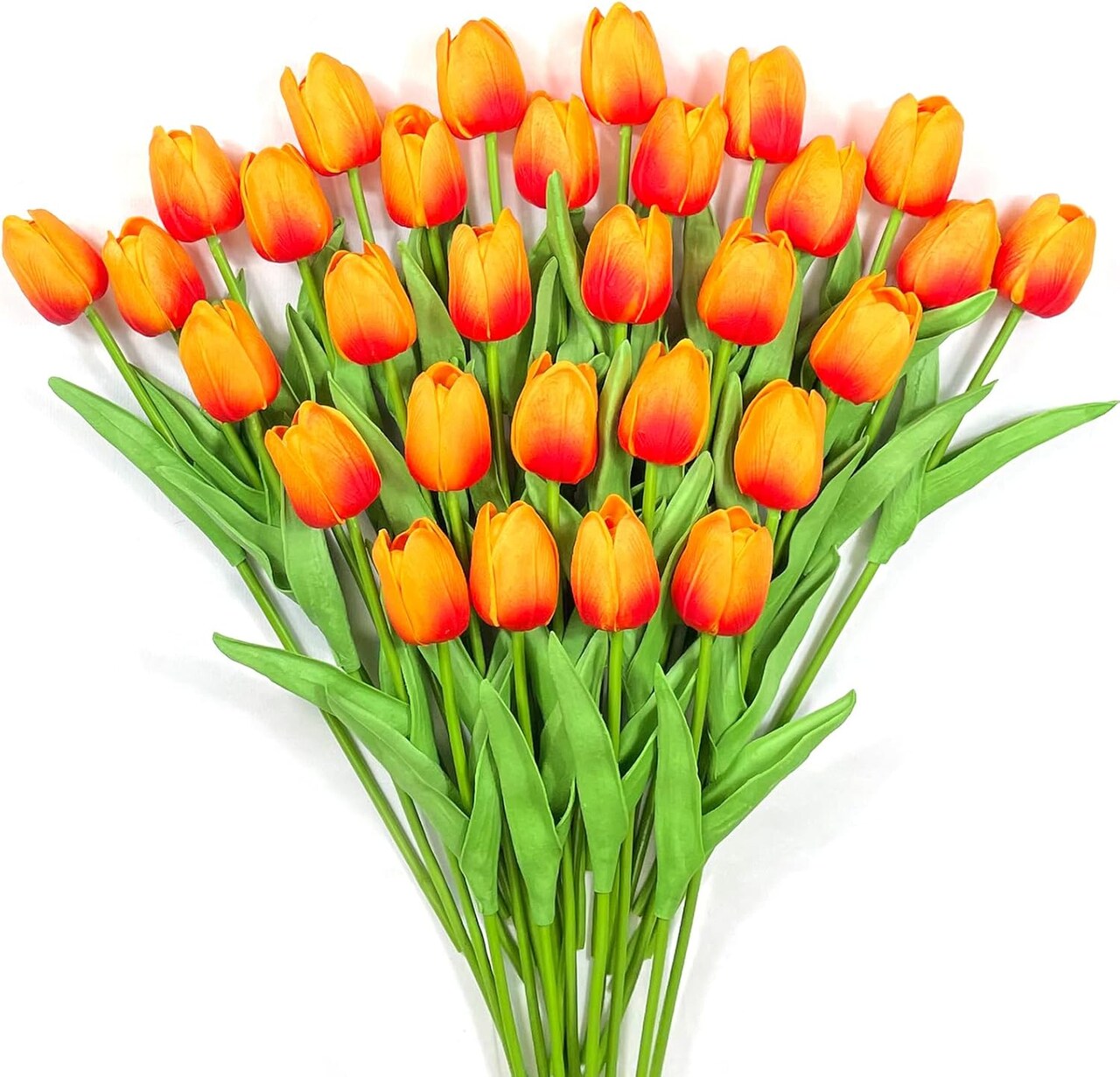 30PCS Real Touch Artificial Tulips, 13.5 Inch Silk PU Fake Tulip Flowers Bouquet Stems for Spring, Easter, Wedding, Mother’s Day, Home & Table Centerpiece Decorations (Sunset Color)